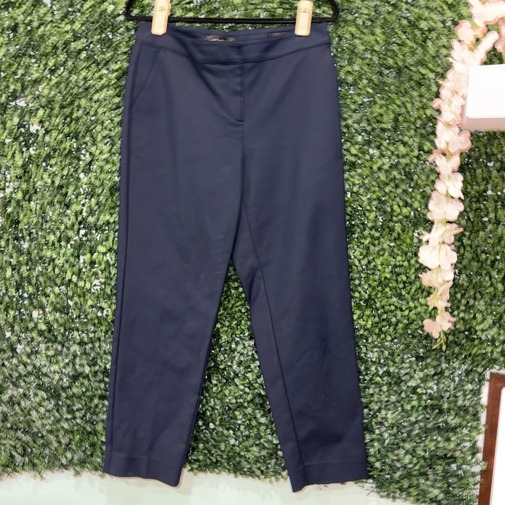 St John Pants Womens Sz 8 Emma Navy Mid Rise Flat Front Wide Tapered Cropped
